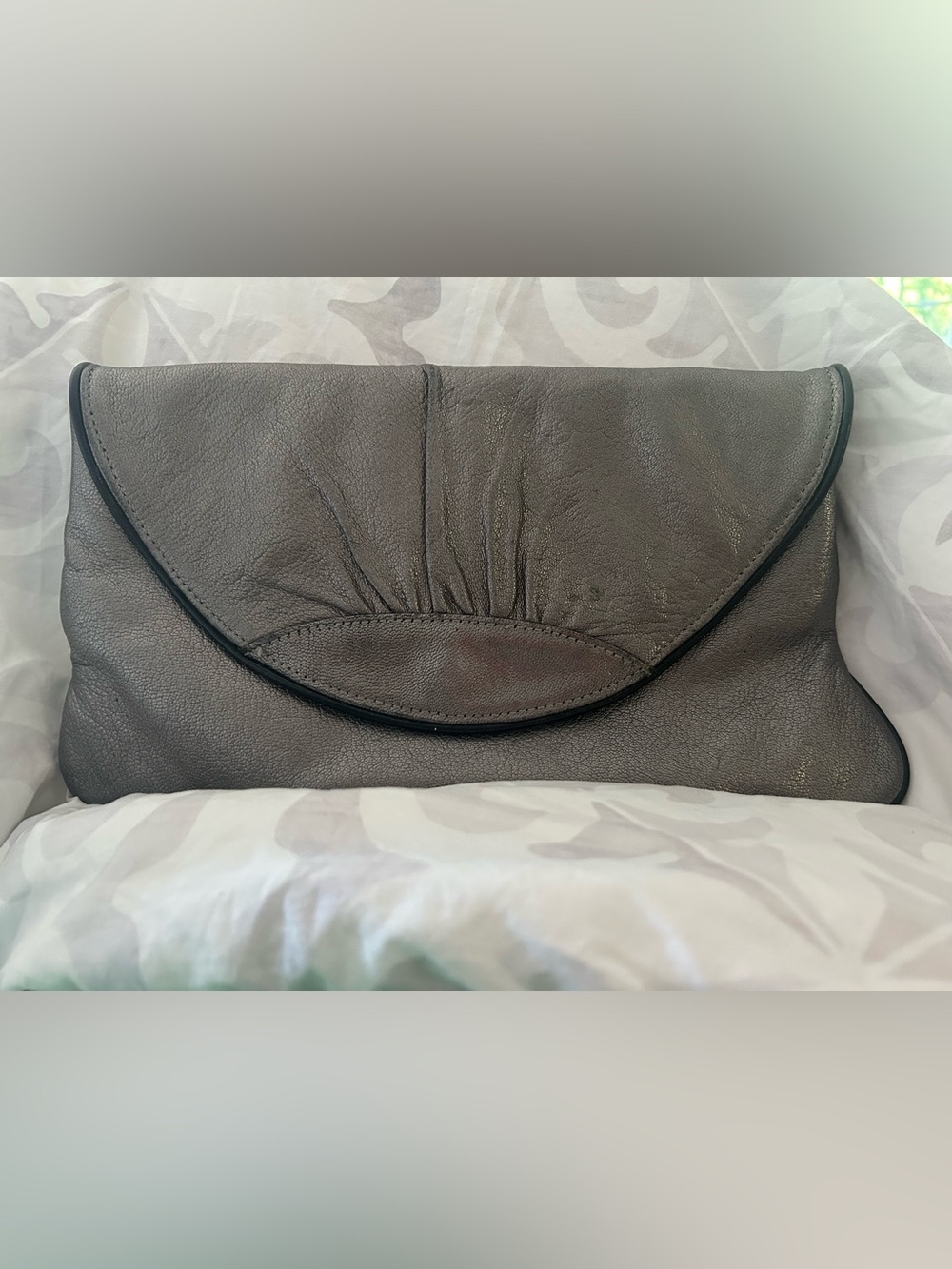 Lauren Merkin Metallic Gray Leather with Black Piping Clutch Handbag
